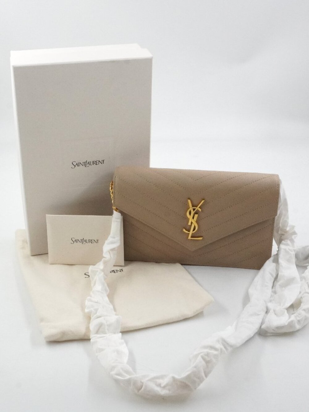 Saint Laurent Cassandre Envelope Chain Wallet in Dark Beige Leather & Gold - NEW